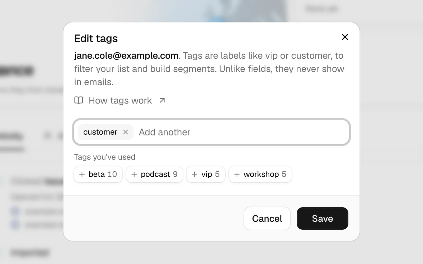 The Edit tags dialog for a contact, with their tag and the tags already used, each with how many contacts have it.
