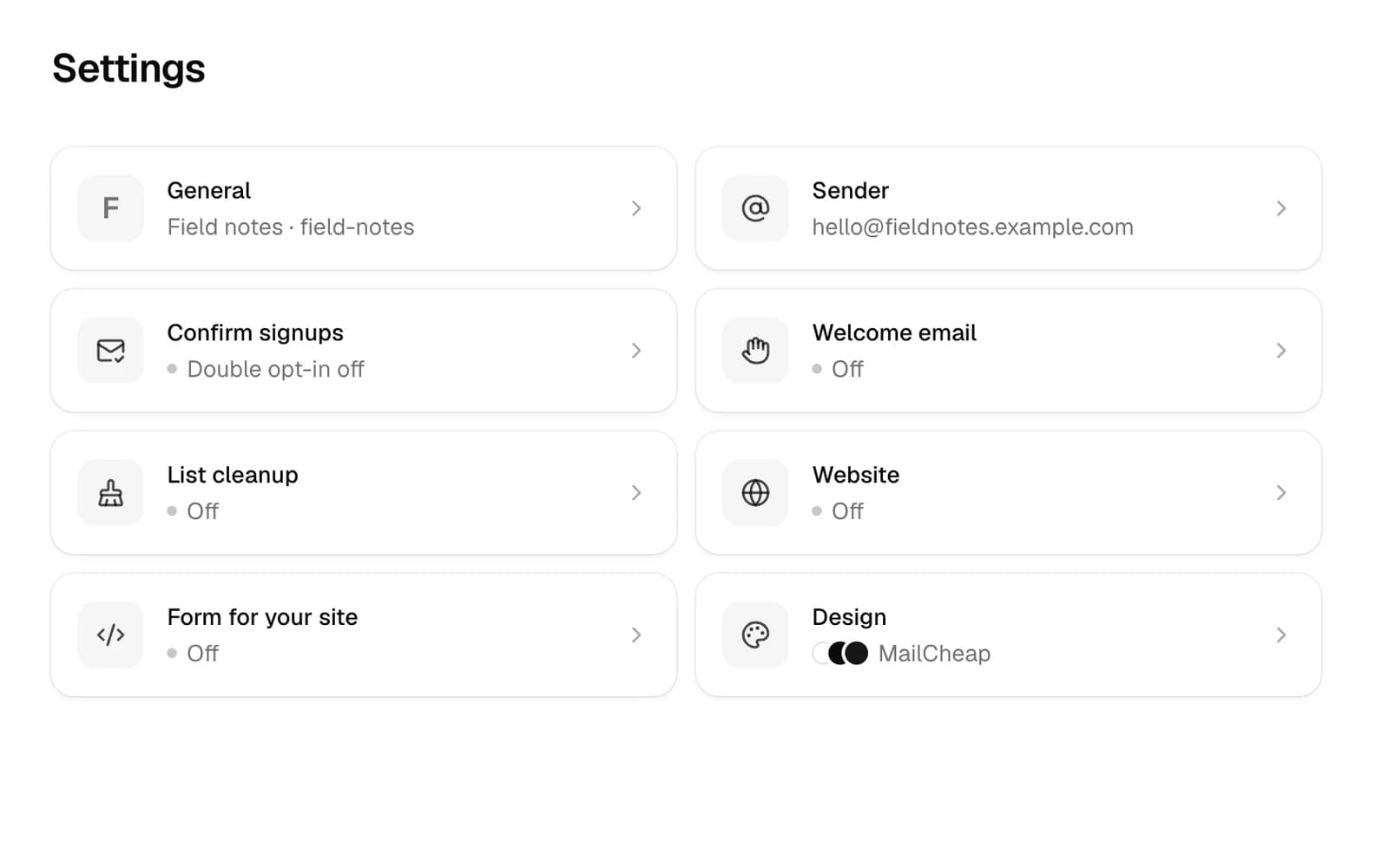 The settings overview: general, sender, confirm signups, welcome email, list cleanup, website, form for your site and design, each with where it stands.