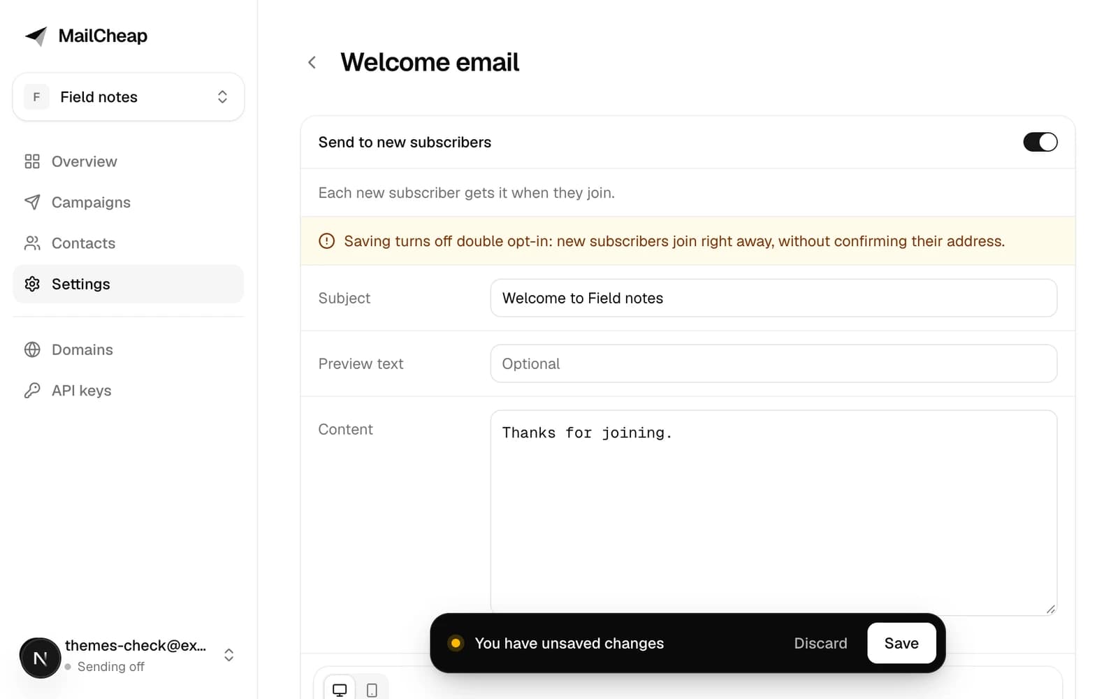 The welcome email page with its switch on and a note that saving turns off double opt-in.