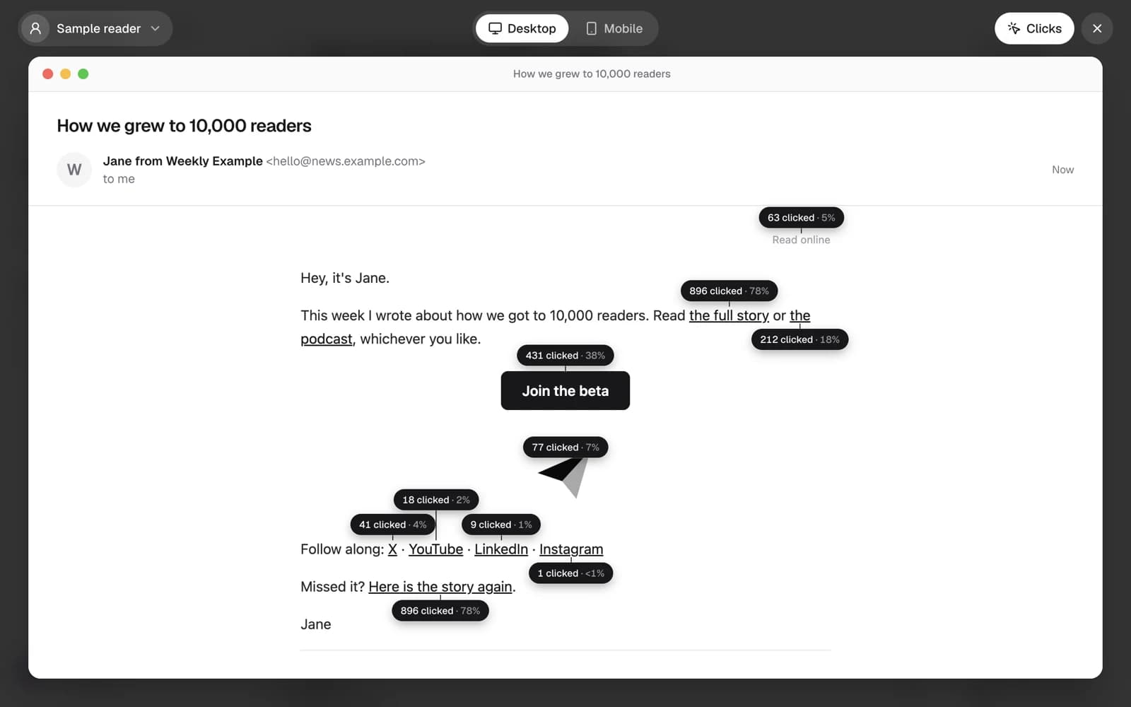 An issue in the click map, with how many contacts clicked each link and its share next to it.
