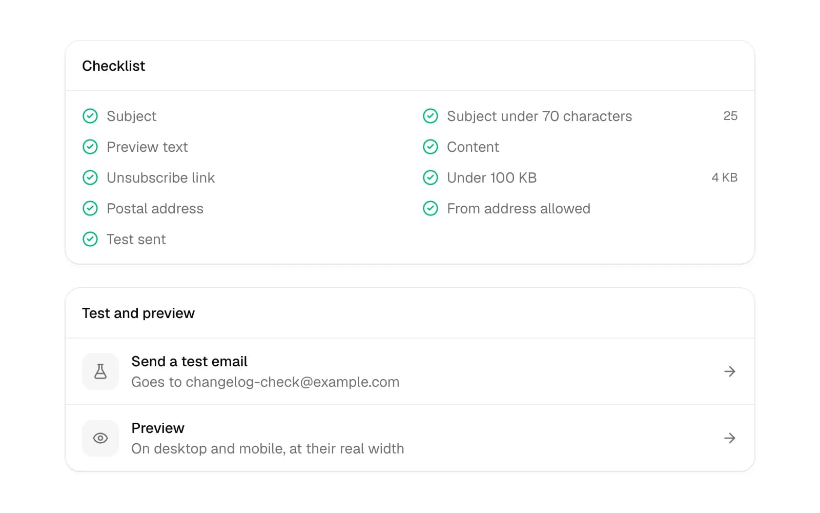 The review step's checklist, every check passed, then sending a test email and the preview.