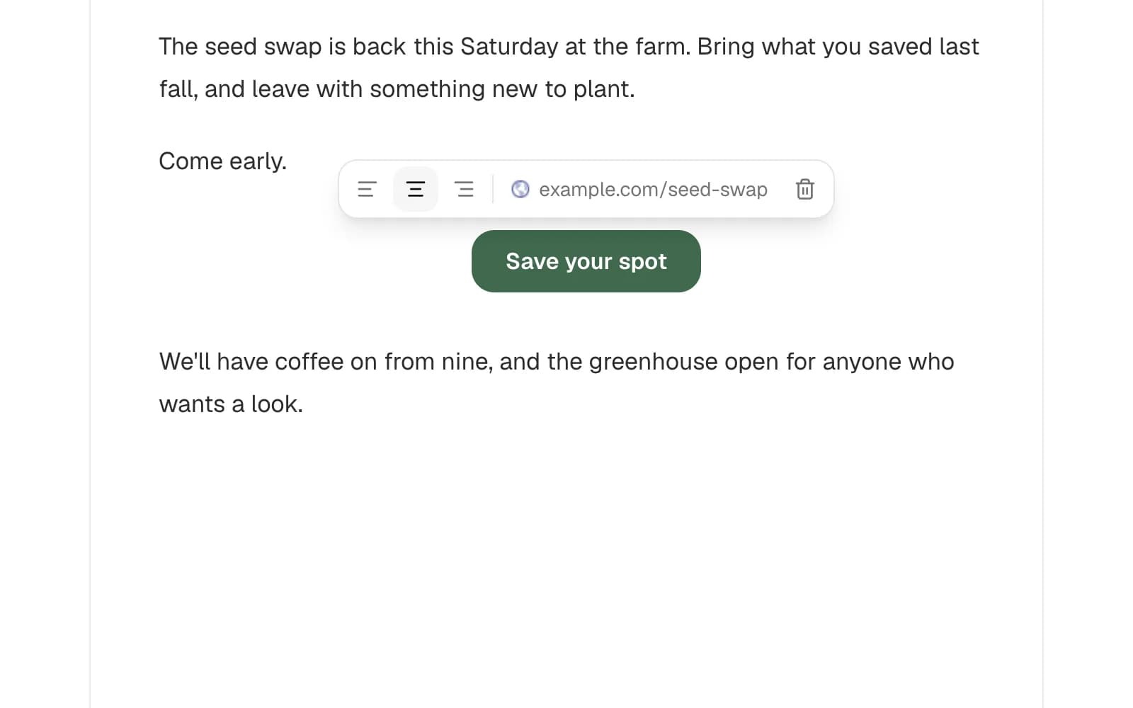 A button in the editor in the newsletter's green, its text written on it, with the bar above it that places it, shows its link and deletes it.