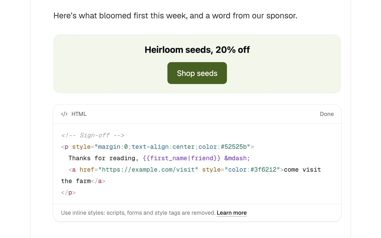 Two HTML blocks in the editor: a sponsor's card as readers get it, and a sign-off open with its code in color.