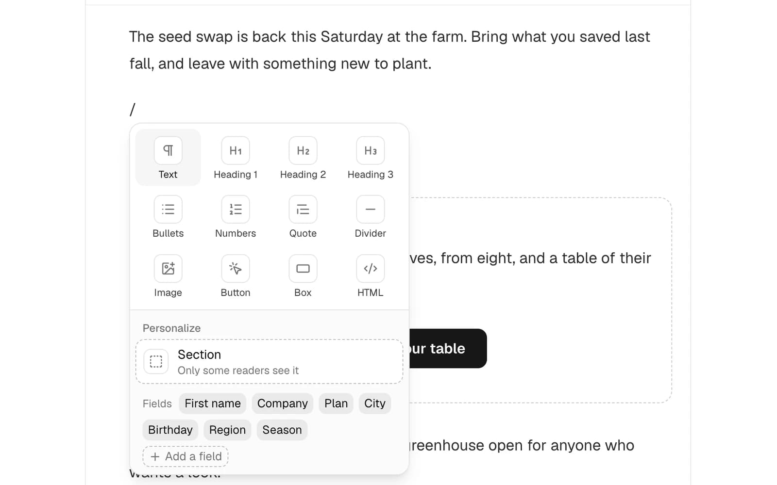 The slash menu under a paragraph: text, three headings, bullets, numbers, a quote, a divider, an image, a button, a box and HTML, then a section and the contact fields, with Add a field.